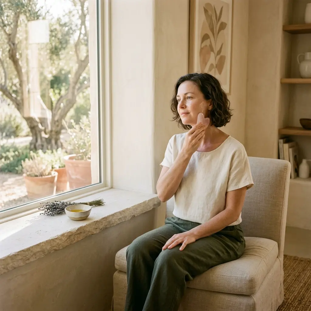 Woman in a cream linen top and green trousers using a pink gua sha stone on her jaw beside a sunny window