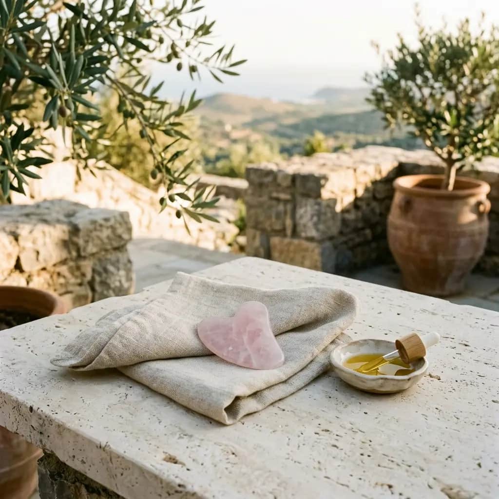 Rose quartz gua sha stone on folded linen next to a small dish of oil with dropper, on a stone table above olive terraces