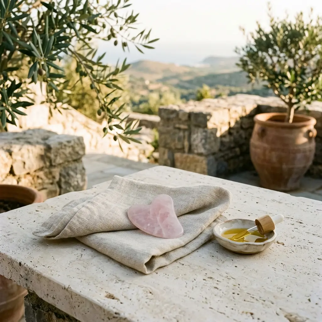Rose quartz gua sha stone on folded linen next to a small dish of oil with dropper, on a stone table above olive terraces