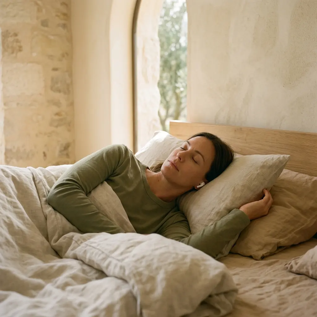 Woman lying in bed on linen pillows with eyes closed and a small wireless earbud in her ear