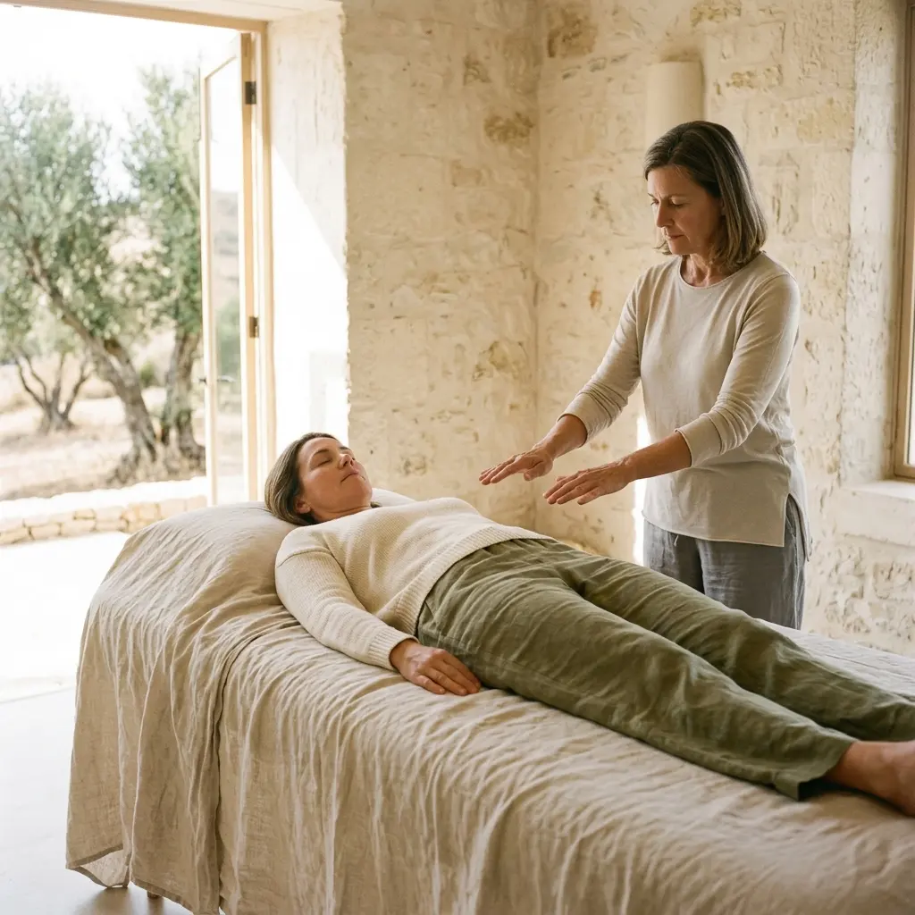 Woman lying on a massage table in linen clothes while a practitioner holds her hands just above her body