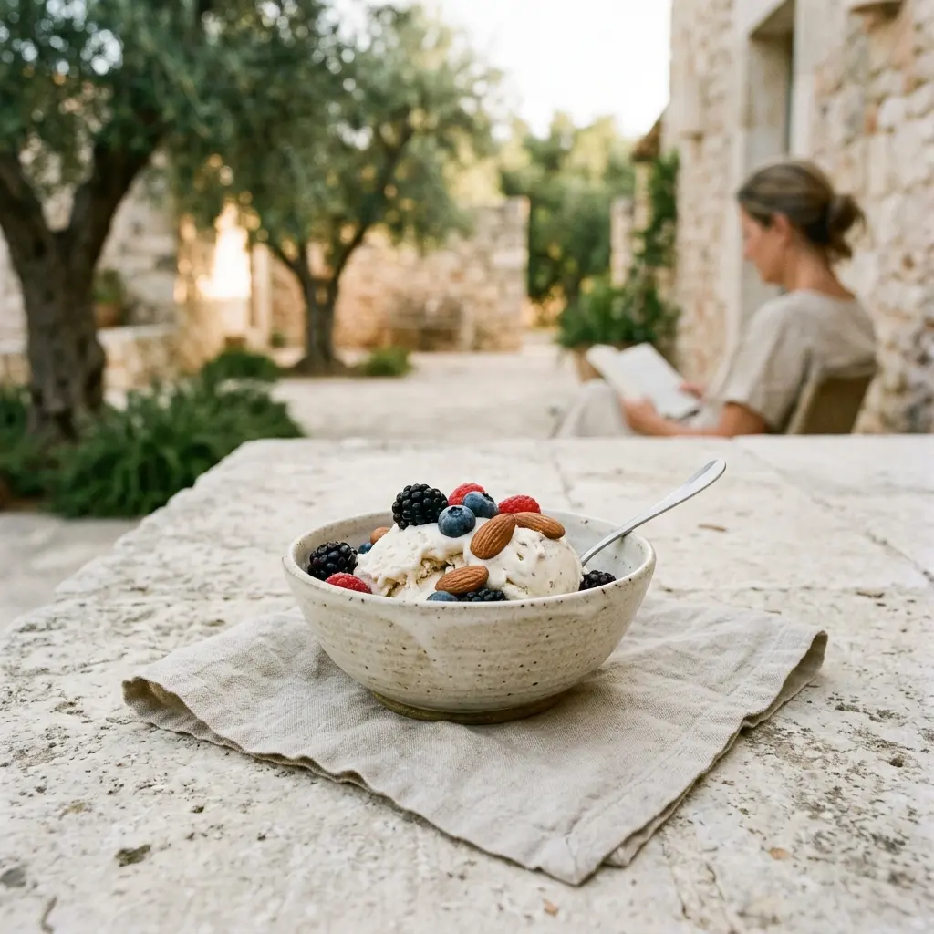 Ceramic bowl of ice cream topped with berries and almonds on a linen napkin, a woman reading in the background