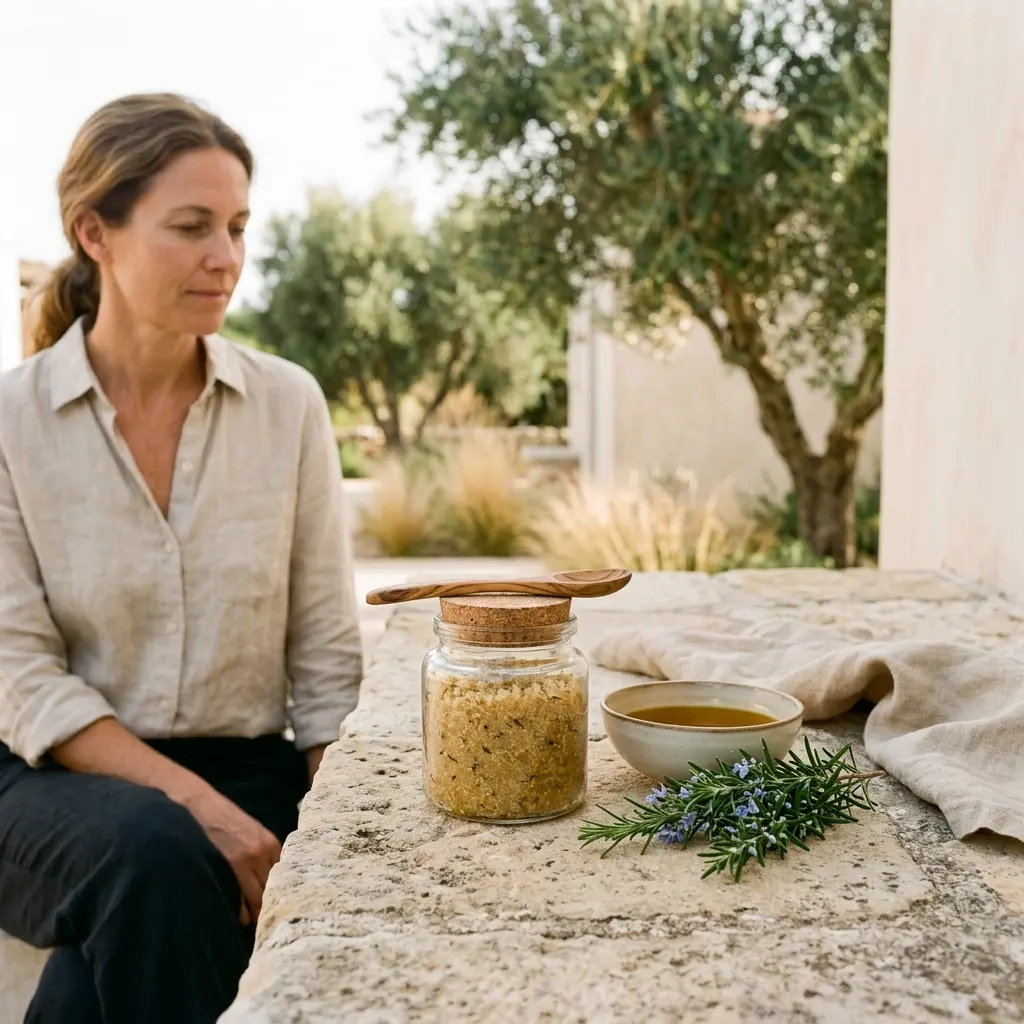 Woman seated beside a glass jar of sugar scrub, a dish of oil and a rosemary sprig on a stone ledge in a garden