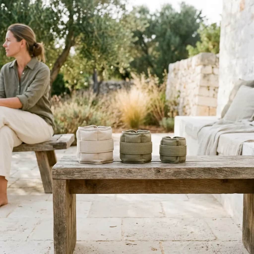 Three ankle weights in cream and olive green on a wooden bench, a seated woman in the soft background