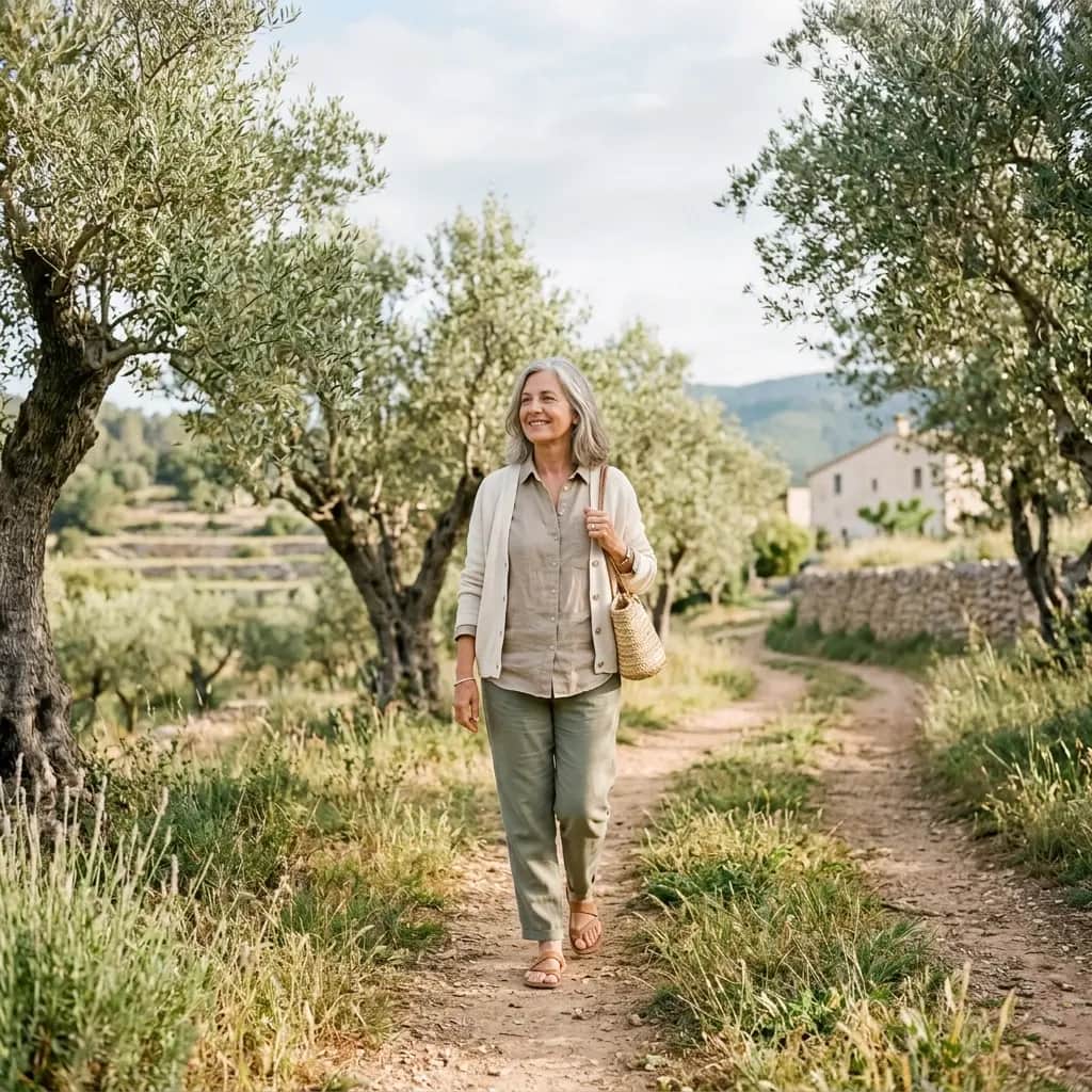 Smiling grey-haired woman in a cardigan walking along a dirt path between olive trees with a straw bag