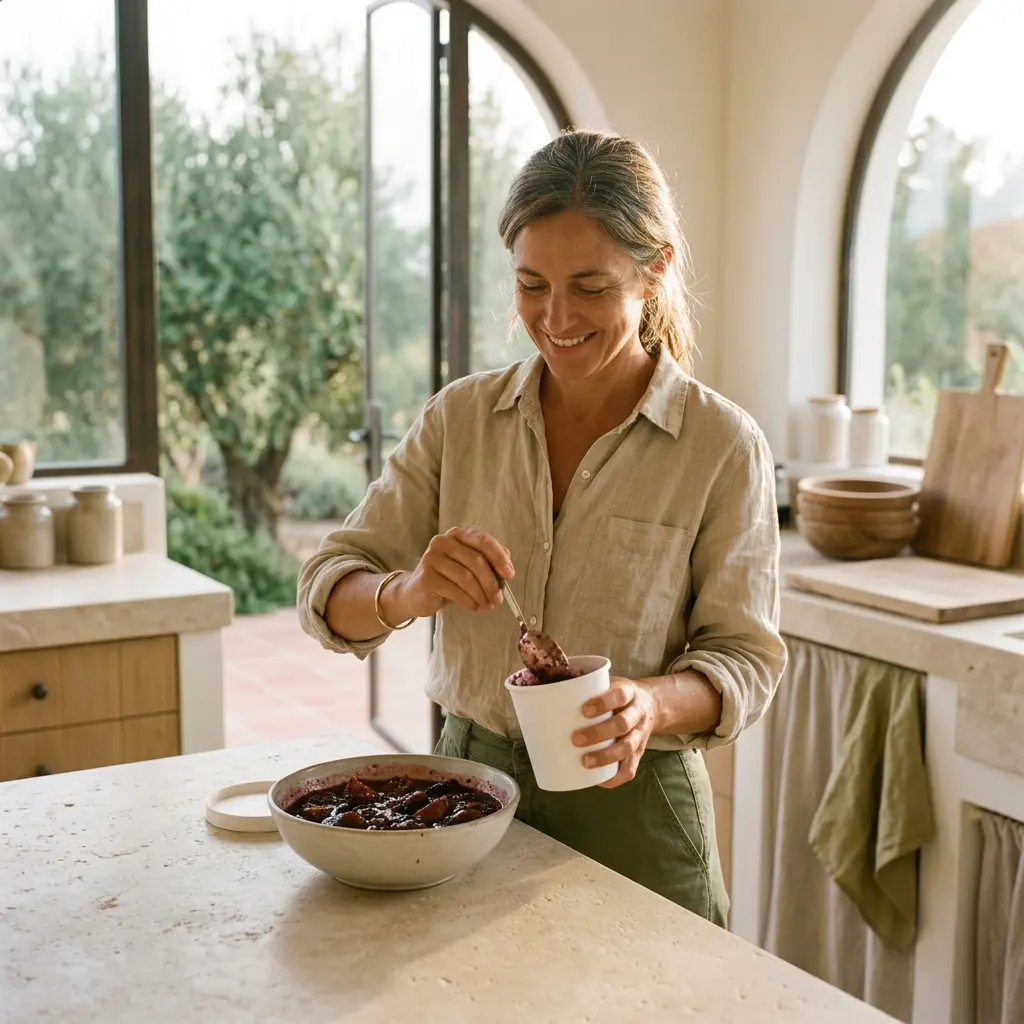 Smiling woman in a linen shirt spooning dark berry mixture into a white pint cup beside a bowl on a kitchen counter