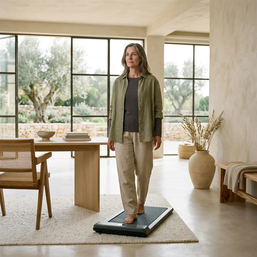 Barefoot woman in green linen shirt standing on a compact walking pad on a rug in a bright room