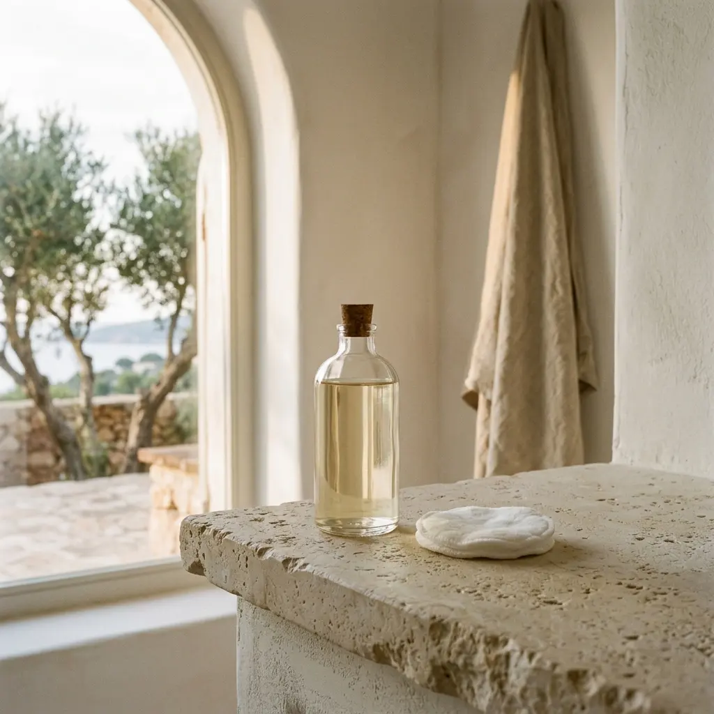Glass bottle with a cork stopper and a cotton pad on a travertine ledge beside an arched window