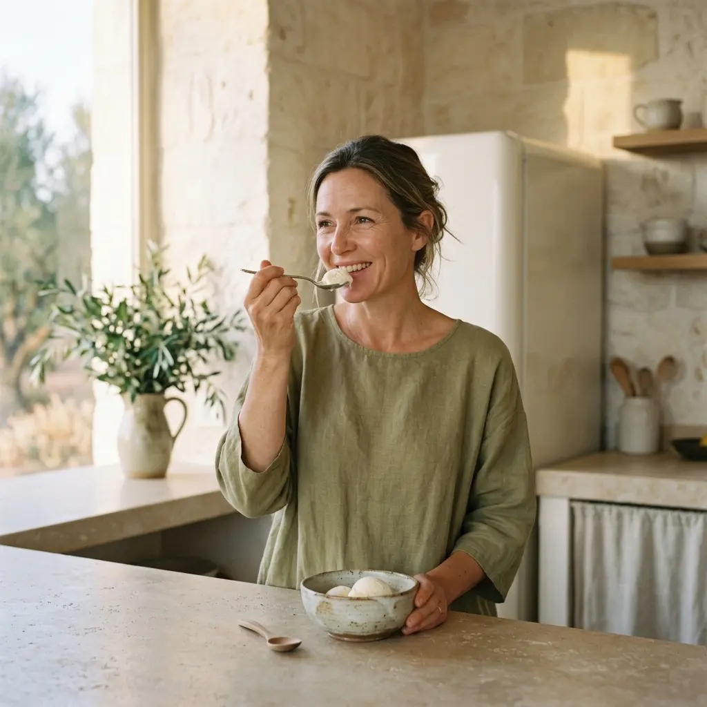 Smiling woman in a green linen top eating a spoonful of ice cream from a ceramic bowl in a bright kitchen