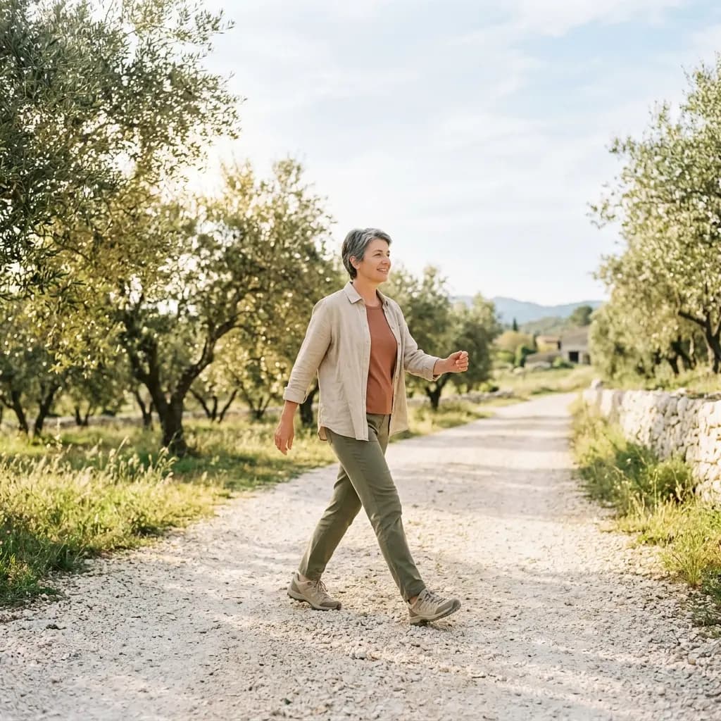 Woman in olive trousers and beige jacket walking briskly on a gravel path between olive trees
