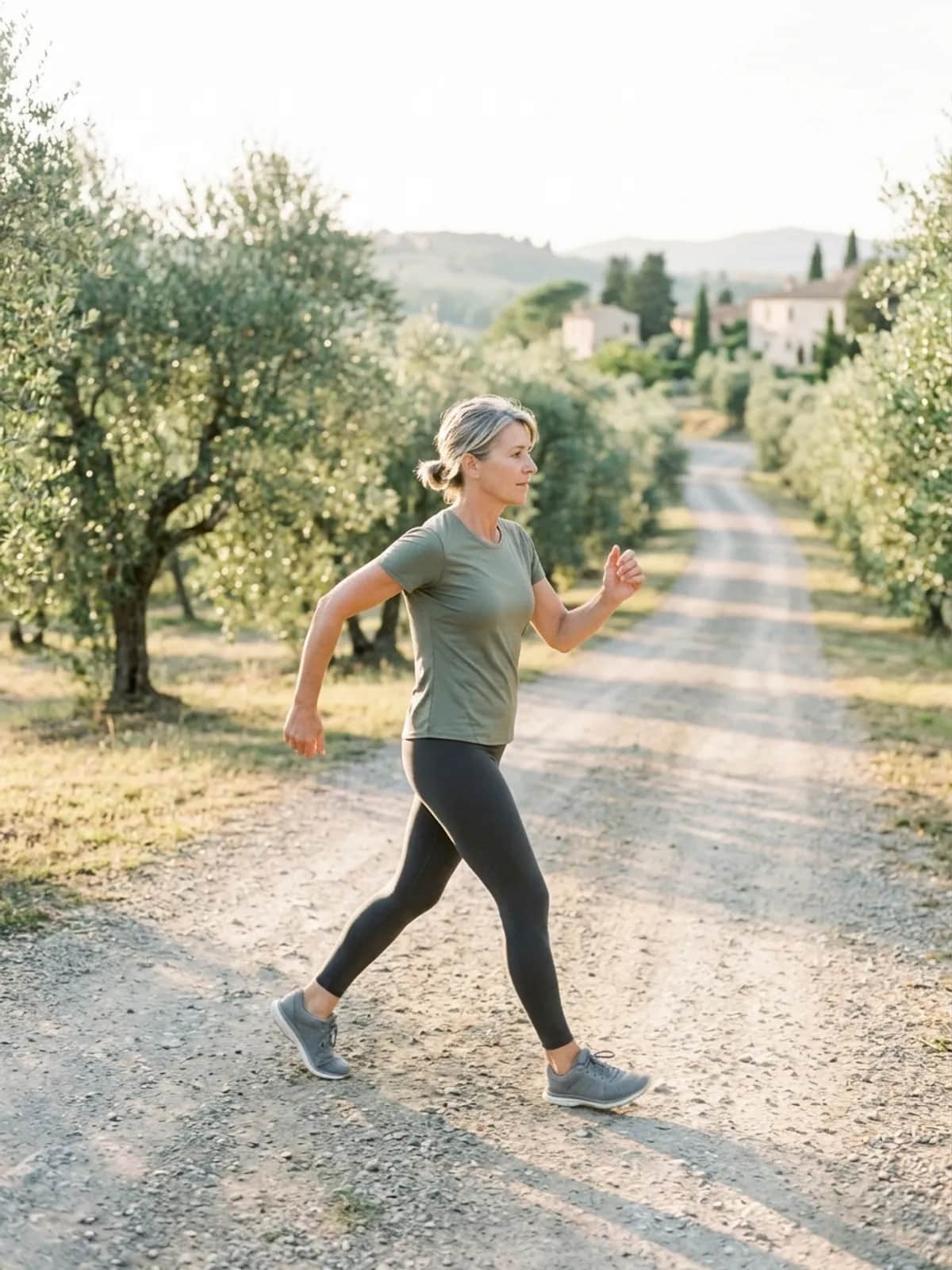 Woman in green tee and dark leggings power-walking on a gravel lane lined with olive trees