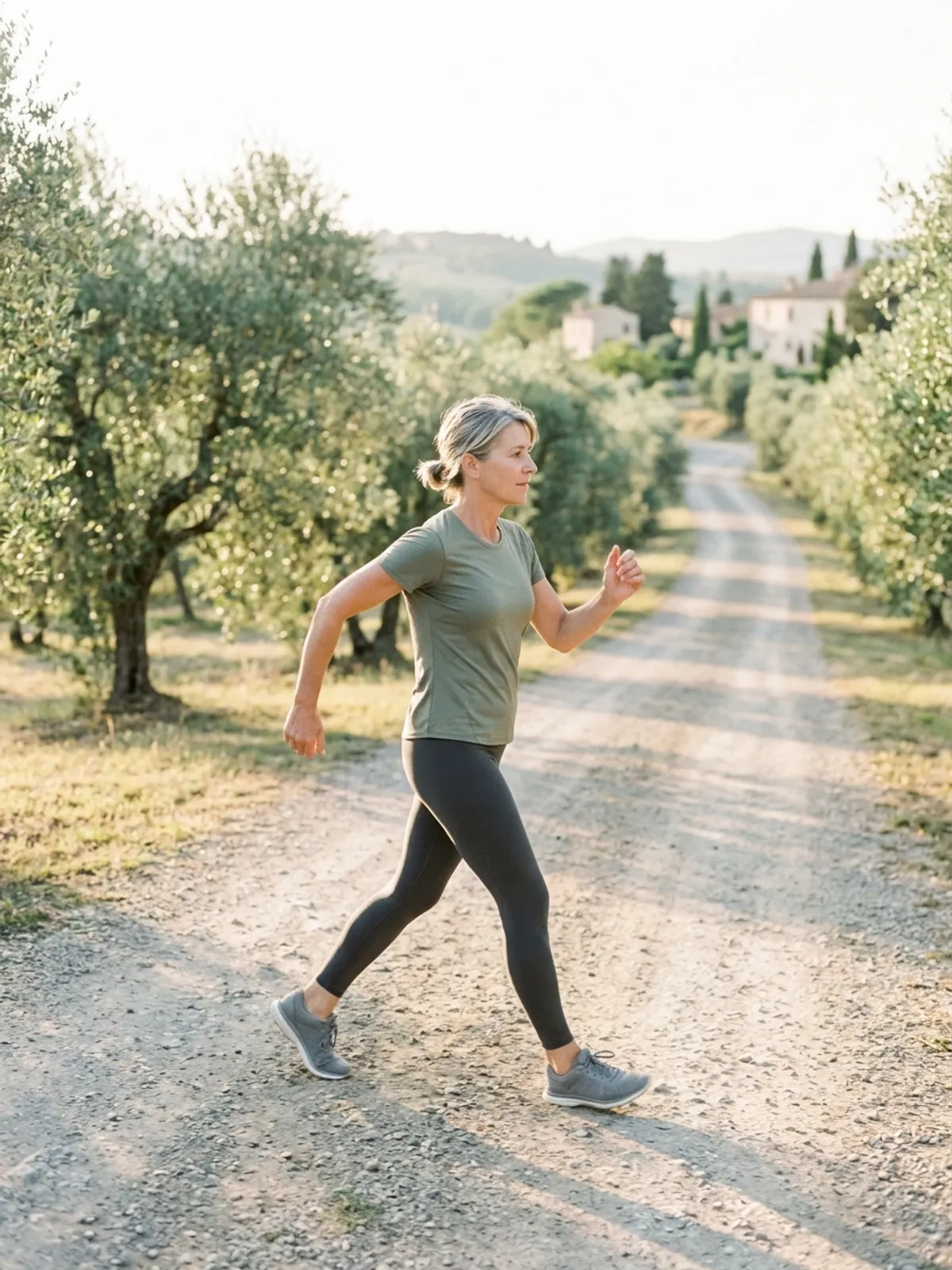 Woman in green tee and dark leggings power-walking on a gravel lane lined with olive trees