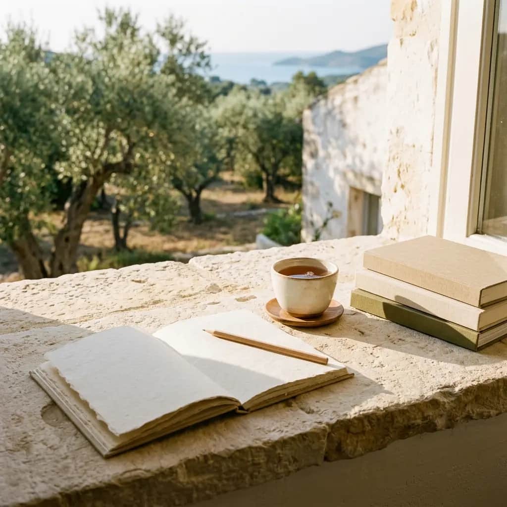 Open journal, pencil and cup of tea on a stone windowsill beside a stack of books, with olive trees and sea beyond