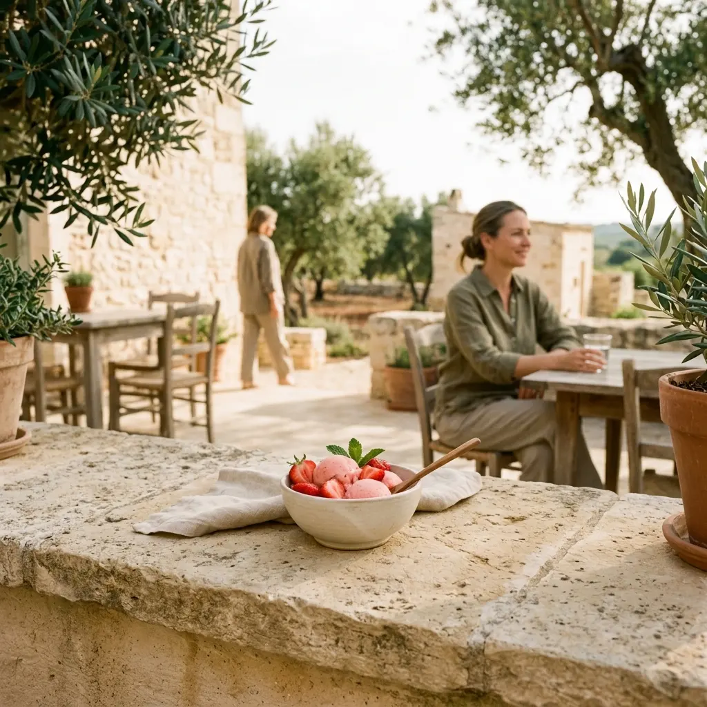 Bowl of pink sorbet scoops with strawberries and mint on a stone ledge, a woman smiling at a table behind