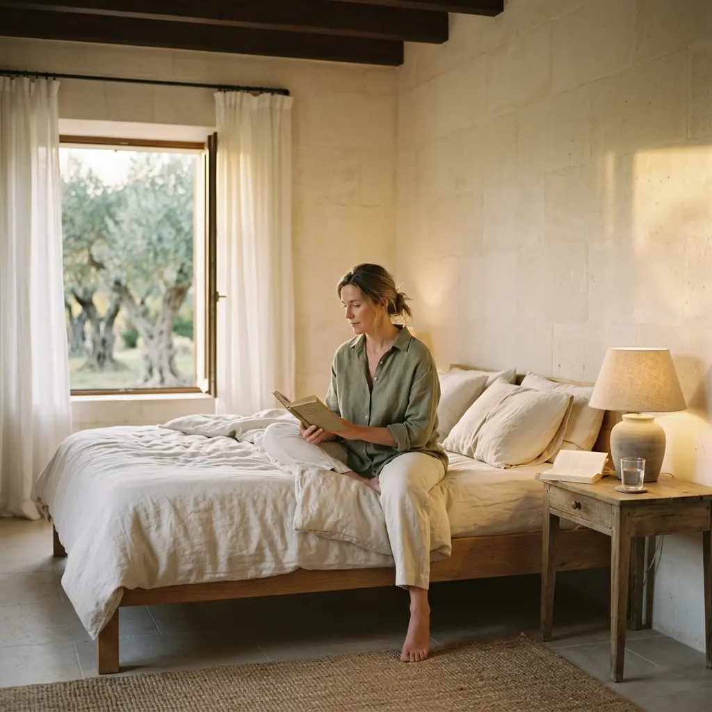 Woman reading a book while sitting on a linen-covered bed, with a bedside lamp and glass of water beside it