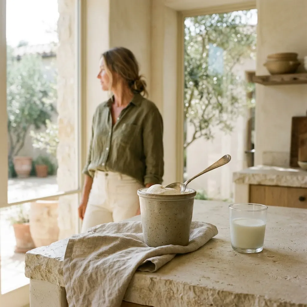 Ceramic pint container of soft ice cream with a spoon and a glass of milk on a stone counter, woman at a window behind