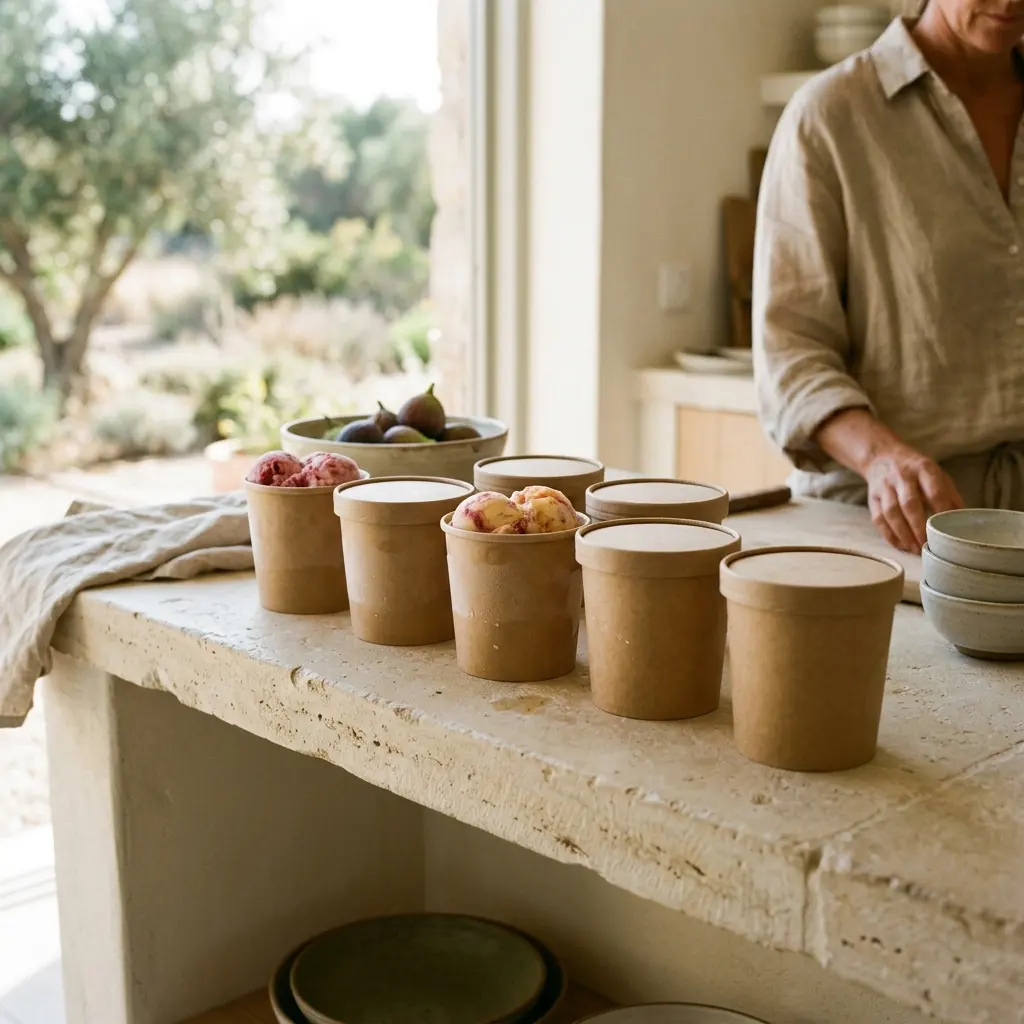 Row of kraft paper pint containers on a stone counter, two open to show swirled berry ice cream, with a bowl of figs