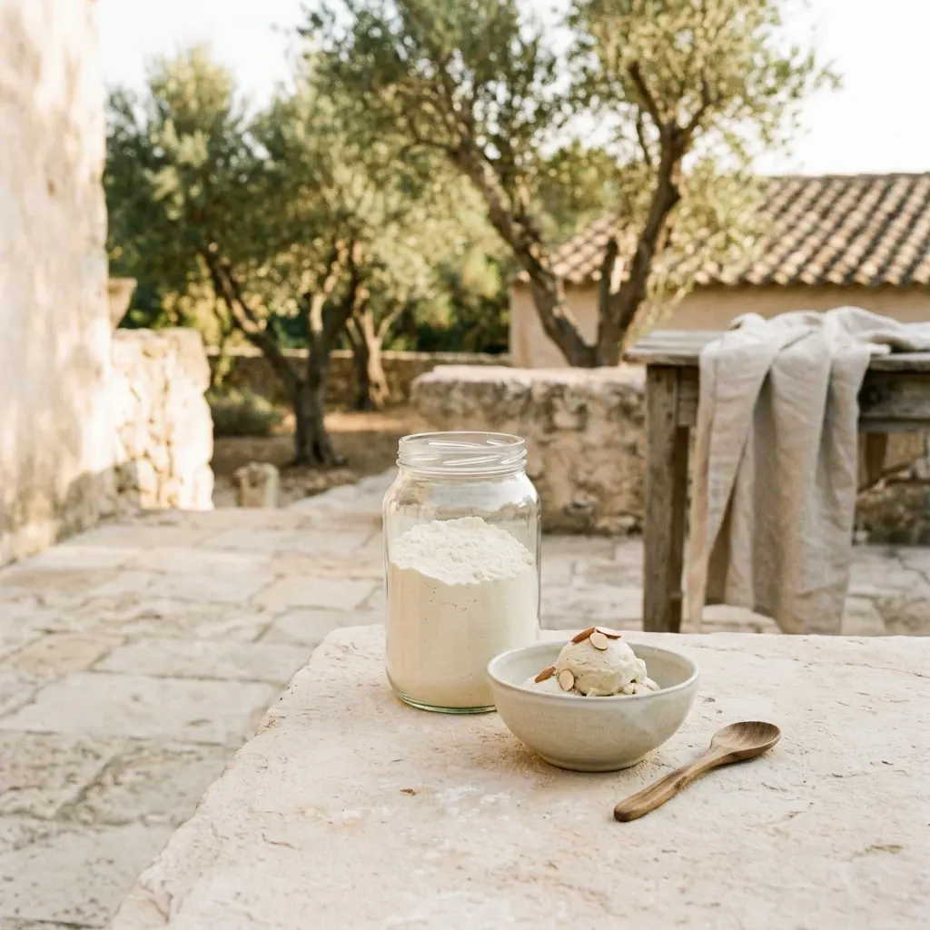 Glass jar of white protein powder and a small bowl of ice cream topped with sliced almonds on a stone table outdoors