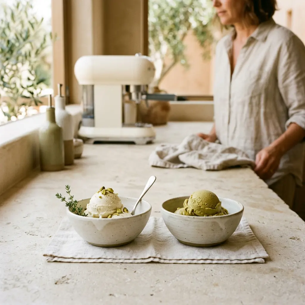 Two bowls of vanilla and pistachio ice cream on a counter in front of a cream-colored ice cream machine