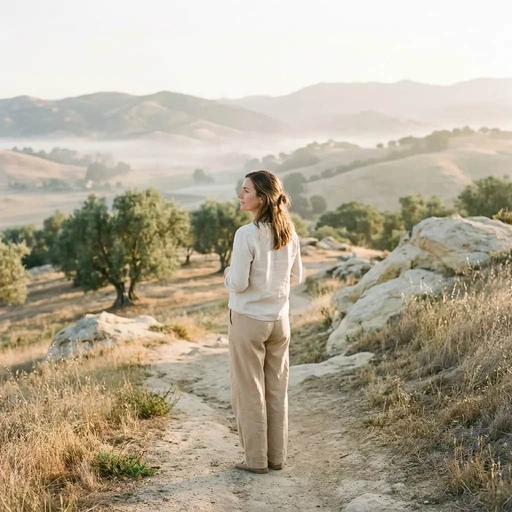 Woman in cream linen standing on a dry hillside path, looking out over misty hills and olive trees