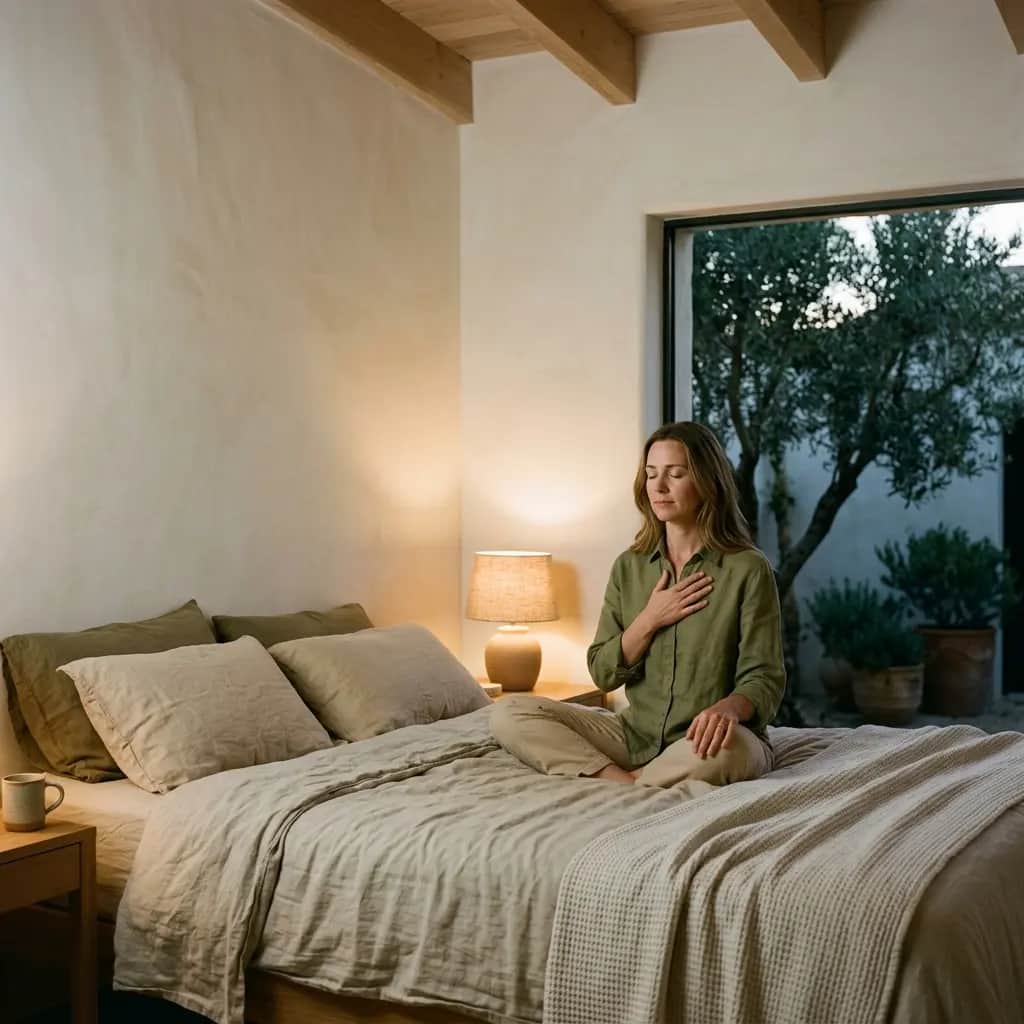 Woman in green linen shirt sitting cross-legged on a bed, hand on her chest and eyes closed, lamp glowing beside her