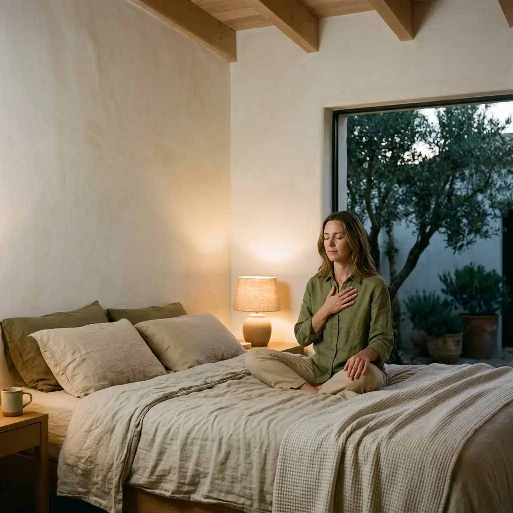 Woman in green linen shirt sitting cross-legged on a bed, hand on her chest and eyes closed, lamp glowing beside her