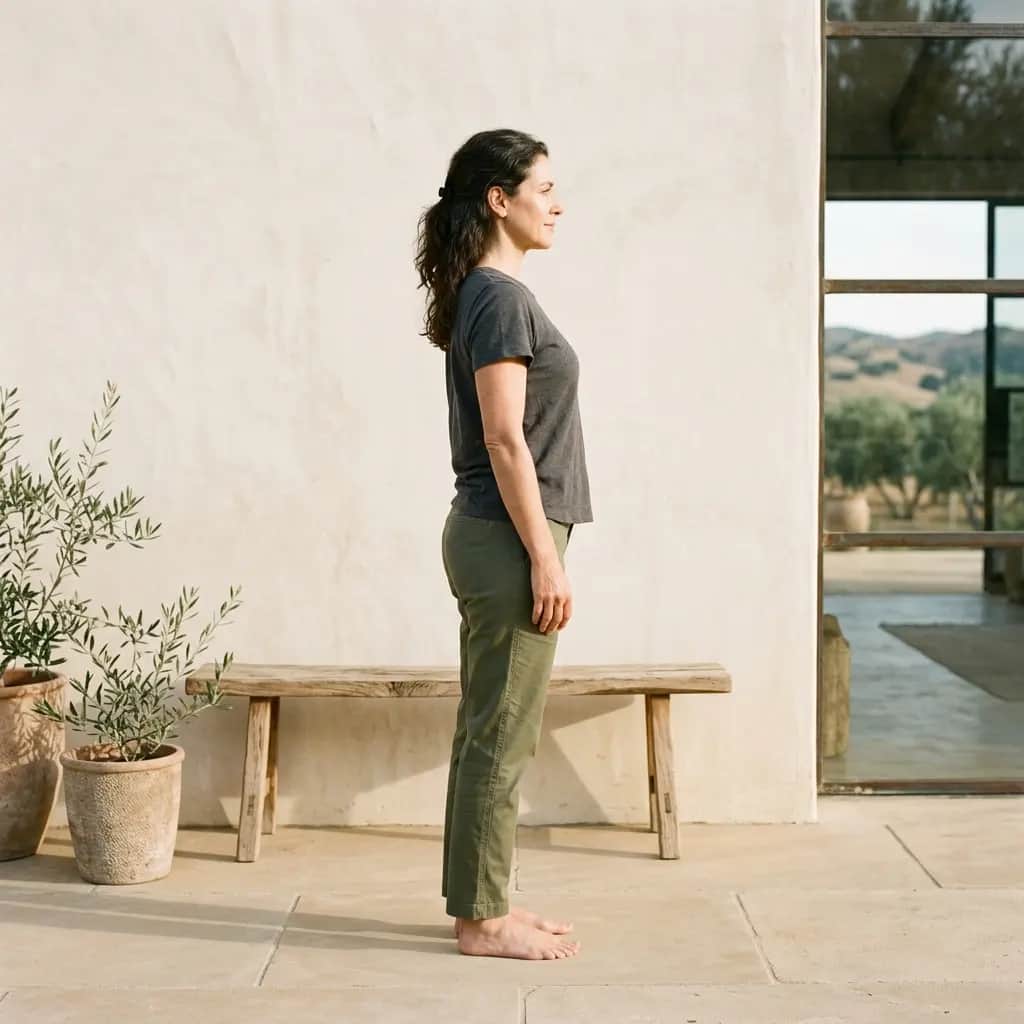 Barefoot woman in grey tee and green trousers standing tall in profile against a cream wall on a terrace
