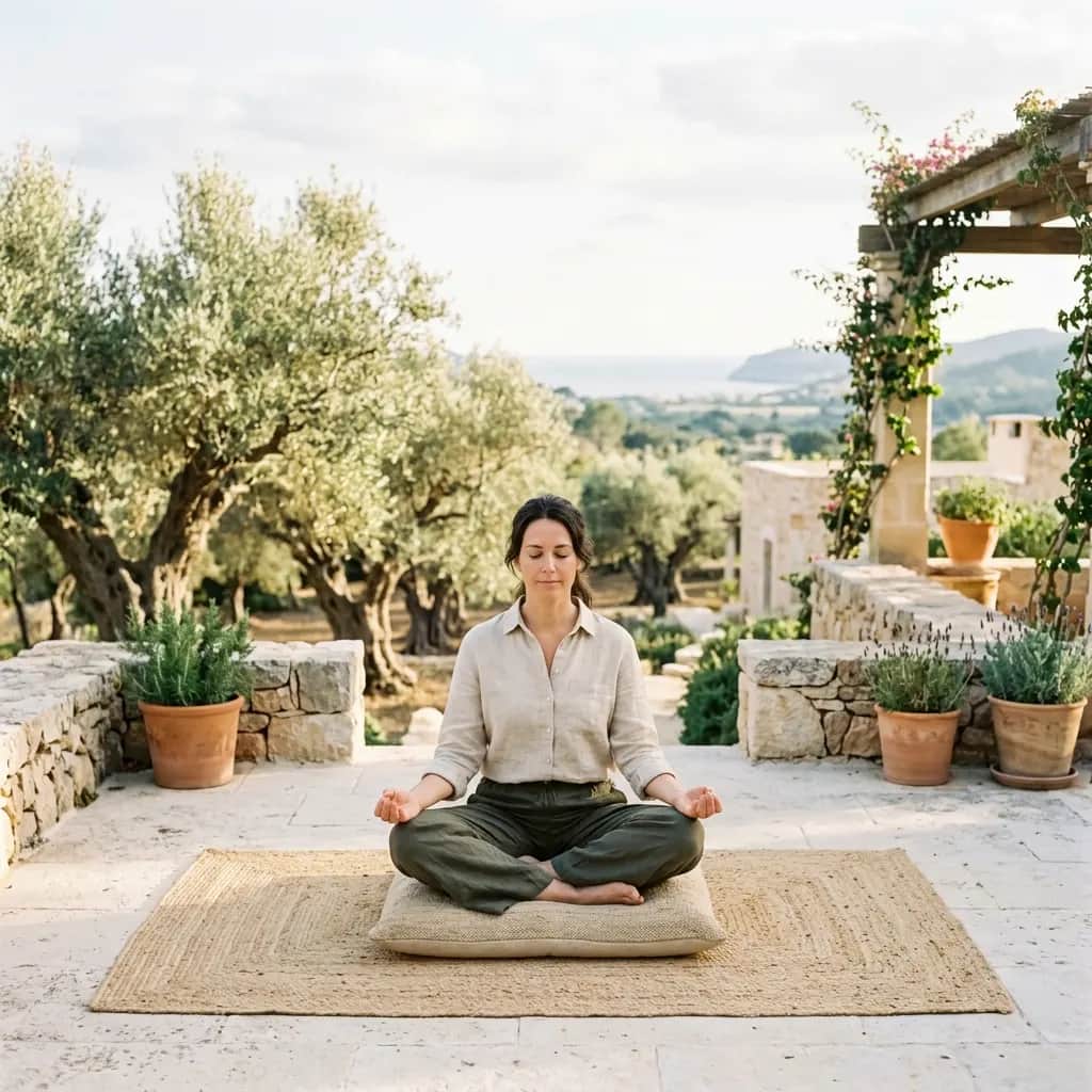 Woman meditating cross-legged on a cushion over a jute rug on a stone terrace with olive trees and potted herbs