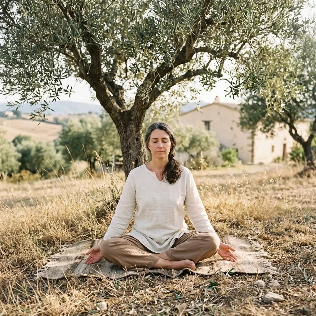Woman in cream linen sitting cross-legged with eyes closed on a woven blanket in dry grass beneath an olive tree