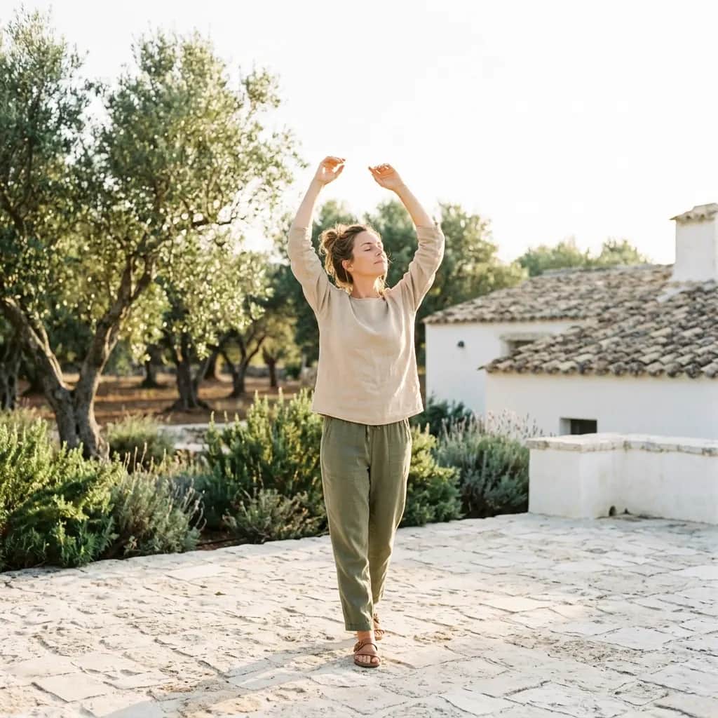 Woman in a linen top and green trousers stretching her arms overhead on a stone terrace by olive trees