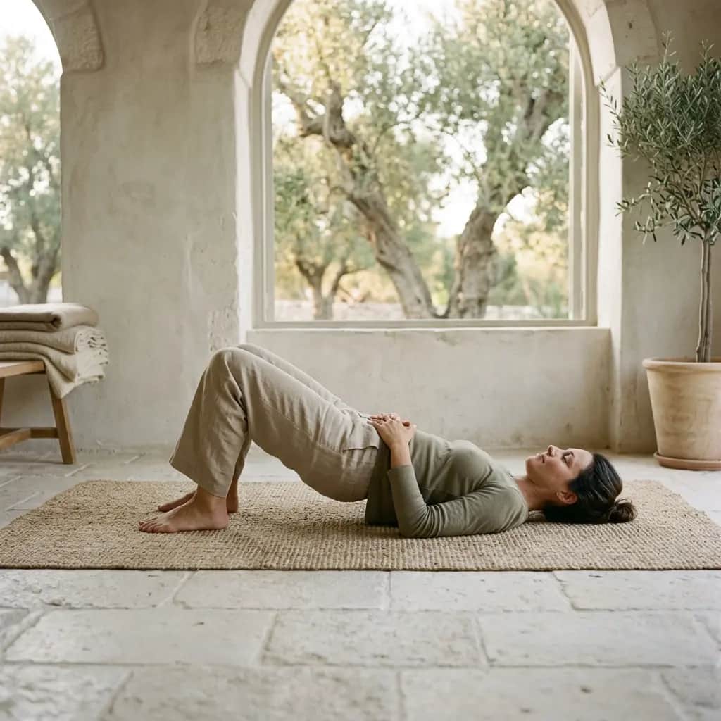 Woman lying on a woven mat with knees bent and hands on her belly beside an arched window with olive trees
