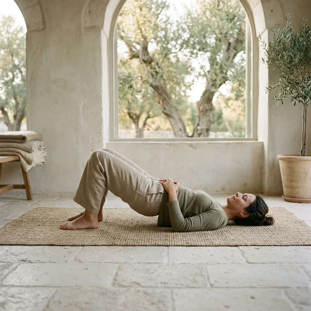 Woman lying on a woven mat with knees bent and hands on her belly beside an arched window with olive trees