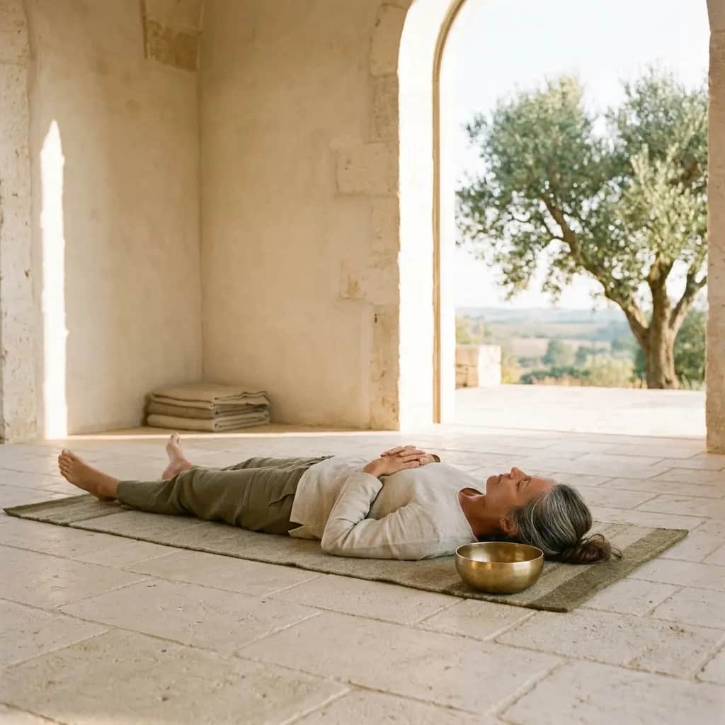 Woman lying on her back on a mat with hands on her belly, a brass singing bowl beside her head in a stone arcade