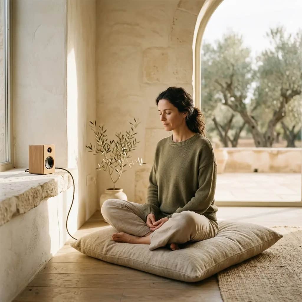Woman meditating cross-legged on a floor cushion with a small wooden speaker on a stone windowsill nearby