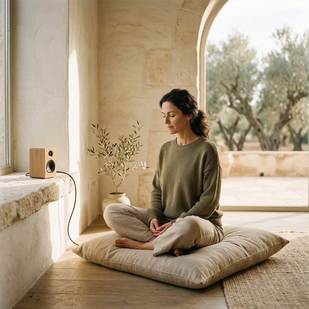 Woman meditating cross-legged on a floor cushion with a small wooden speaker on a stone windowsill nearby