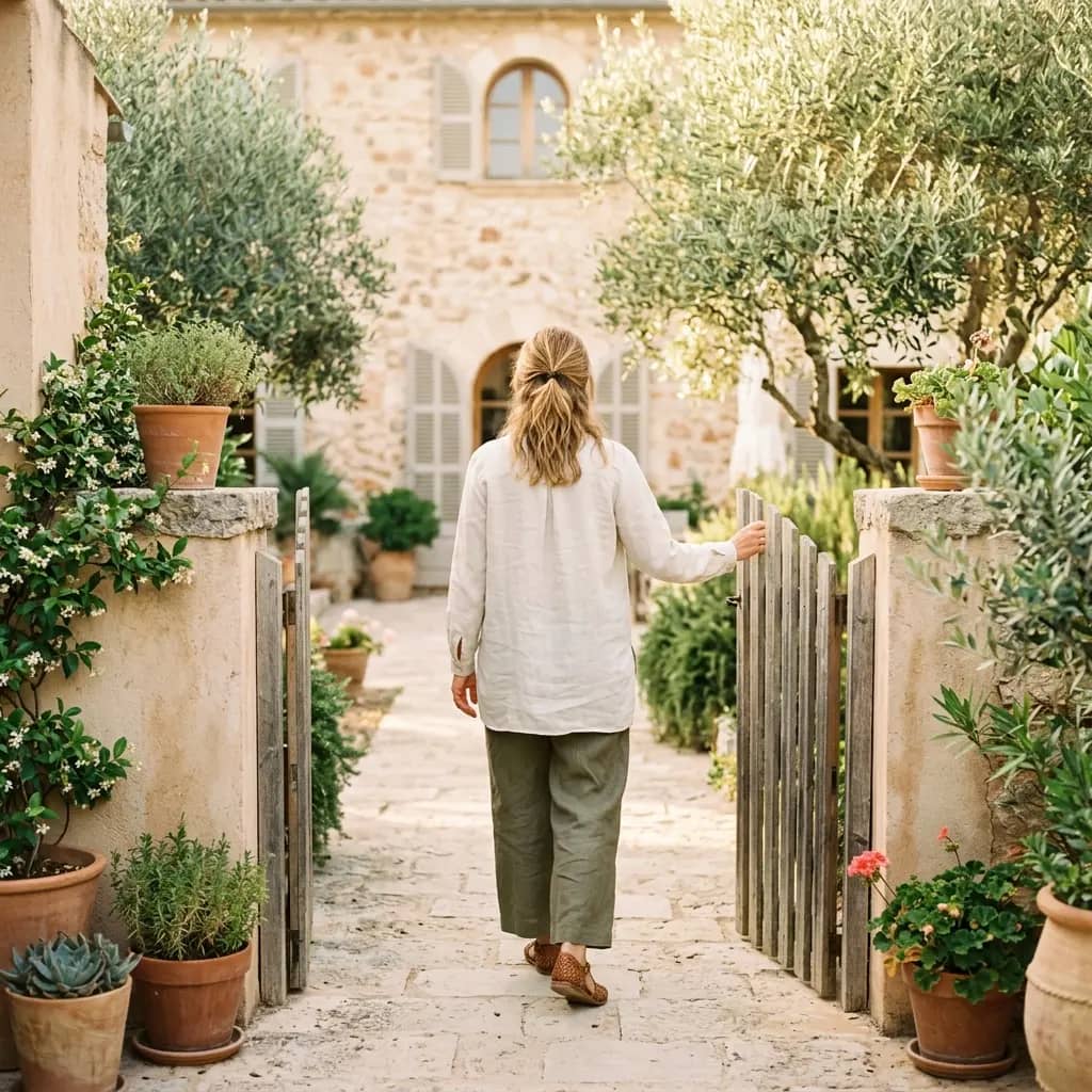 Woman in a white linen top and green trousers opening a wooden garden gate on a stone path lined with potted plants