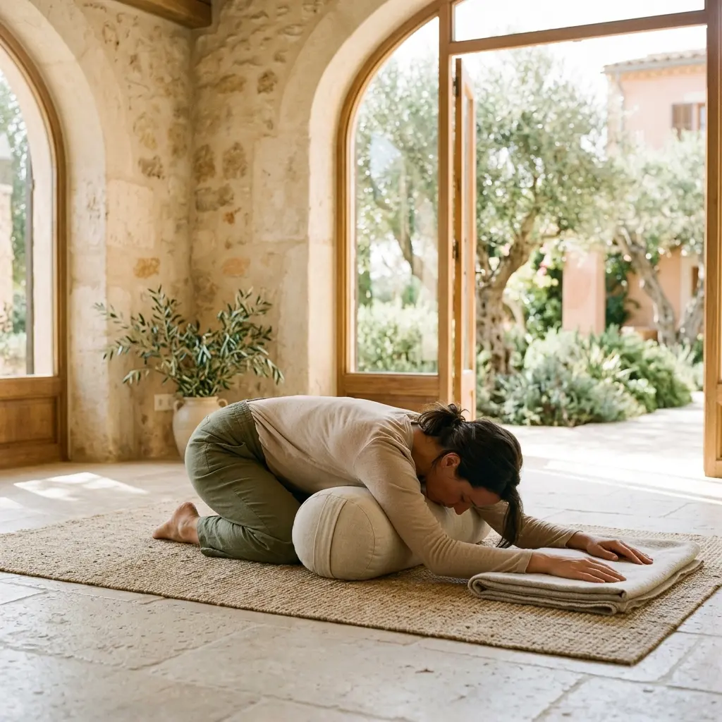 Woman in a child's pose over a round bolster on a jute rug in a stone room with open arched doors
