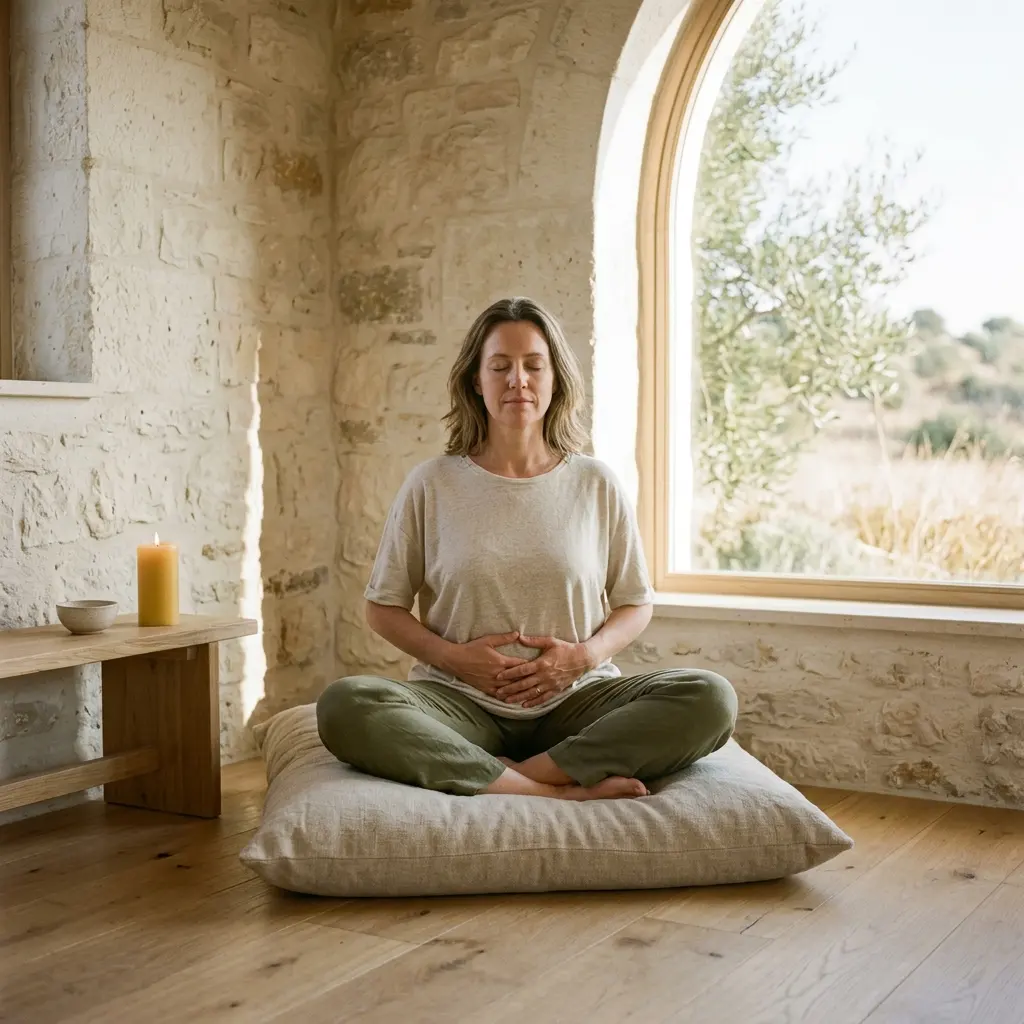 Woman sitting cross-legged on a linen floor cushion with hands on her belly, eyes closed, beside an arched window