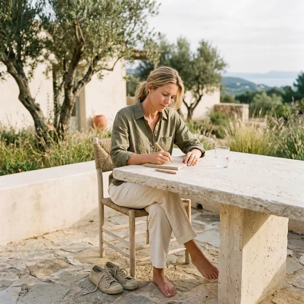 Barefoot woman in an olive linen shirt writing in a notebook at a stone table on a terrace with olive trees