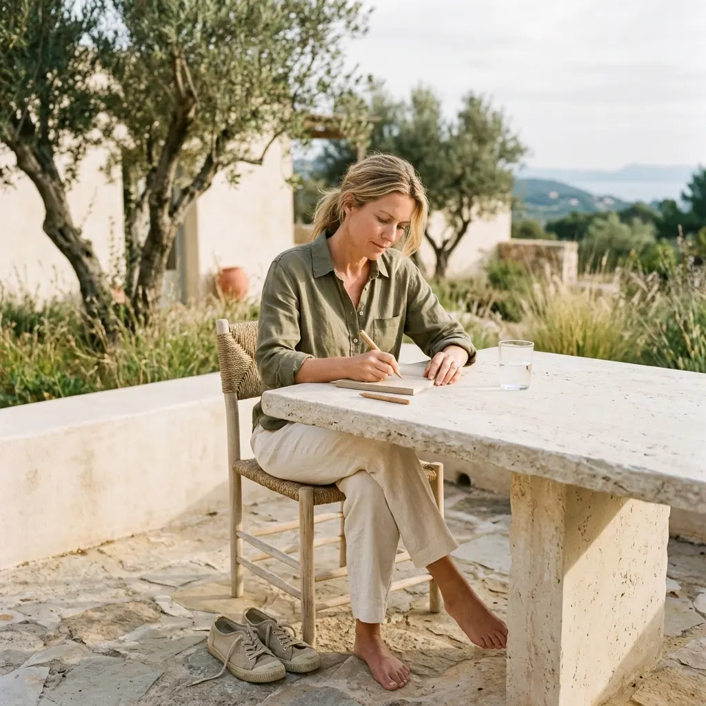 Barefoot woman in an olive linen shirt writing in a notebook at a stone table on a terrace with olive trees