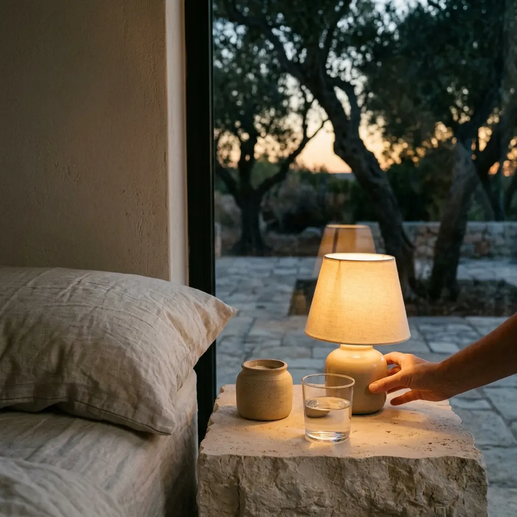 Hand reaching to switch off a small lamp on a stone bedside block next to a glass of water and ceramic pot