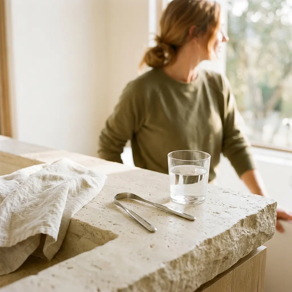 Metal tongue scraper and glass of water on a stone counter with folded linen, woman in olive sweater by a window behind