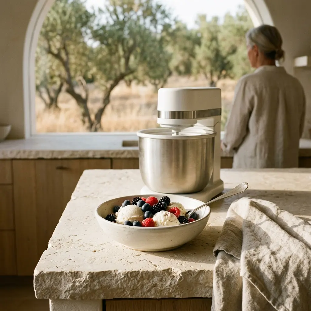 Bowl of ice cream with fresh berries beside an ice cream machine on a stone counter, woman at the window