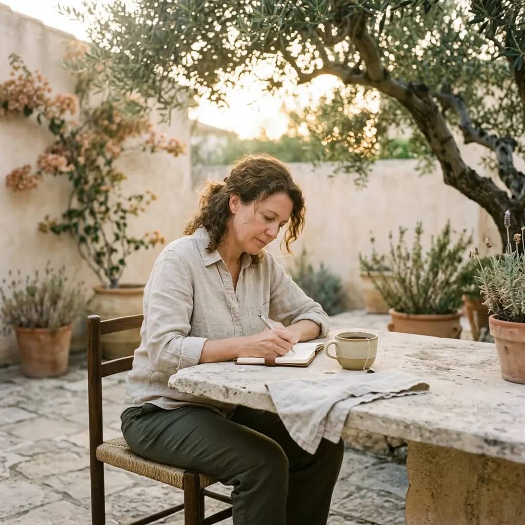 Woman in a linen shirt writing in a notebook at a stone table with a mug, in a courtyard with olive tree and potted herbs
