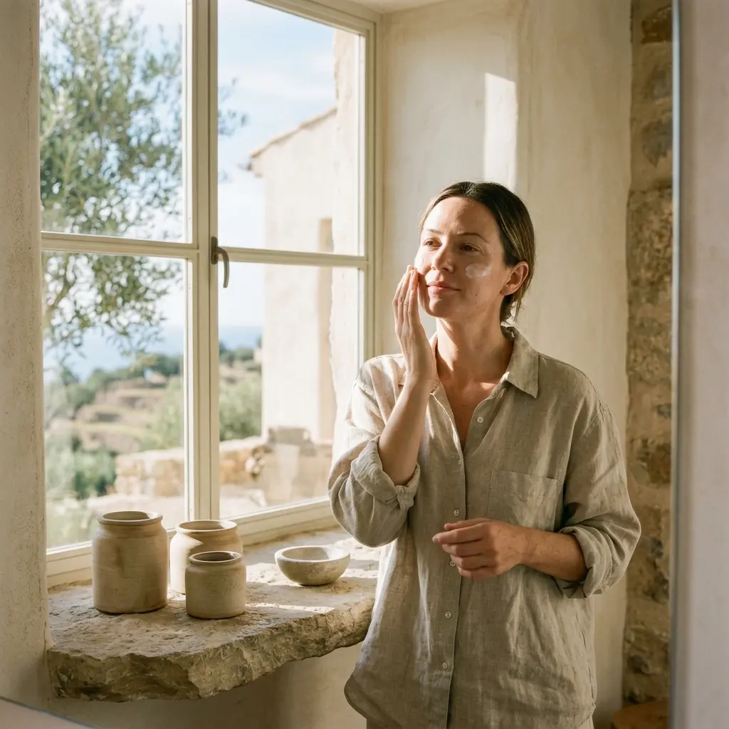 Woman in a linen shirt smoothing cream onto her cheek beside a window with clay pots on a stone sill