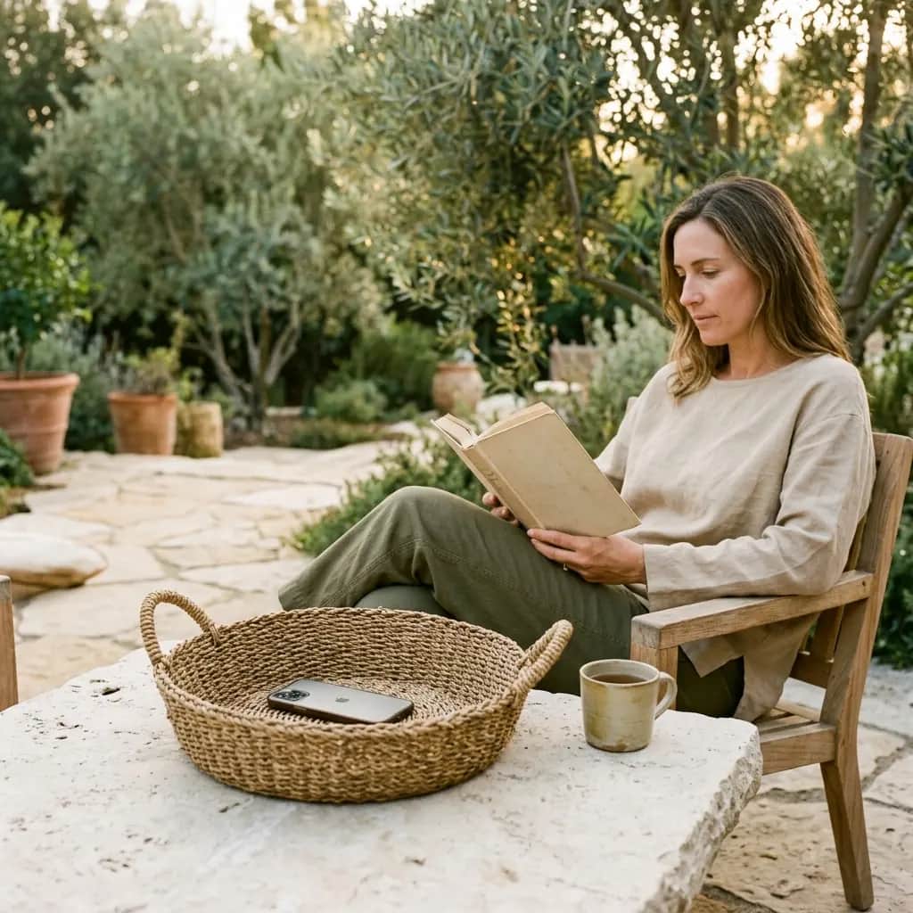 Woman reading a book in a garden chair with a phone left in a woven basket on a stone table