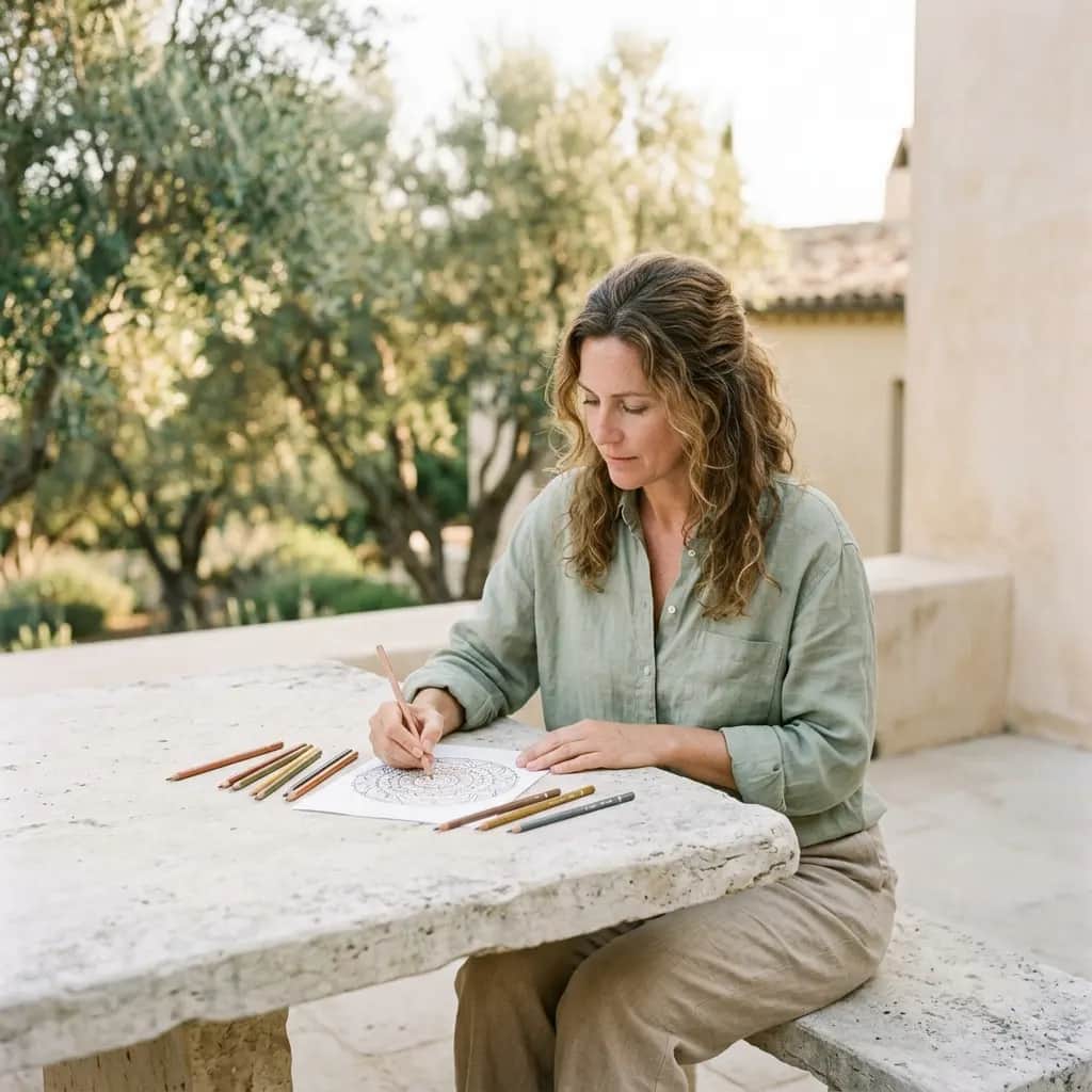 Woman in a sage linen shirt coloring a mandala with colored pencils at a stone table on a terrace