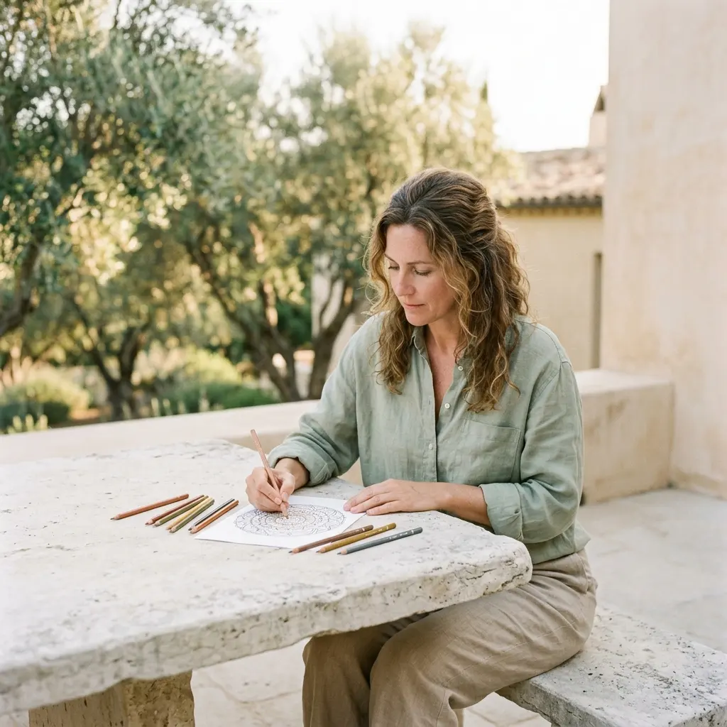 Woman in a sage linen shirt coloring a mandala with colored pencils at a stone table on a terrace