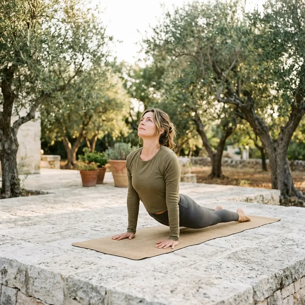 Woman in an olive top and grey leggings in upward-facing dog on a cork mat on a stone terrace