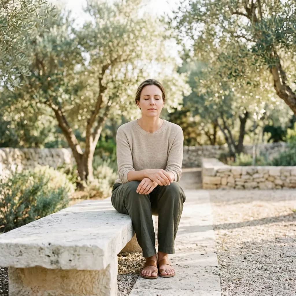 Woman with closed eyes and hands clasped on her knee, sitting on a stone bench in an olive grove